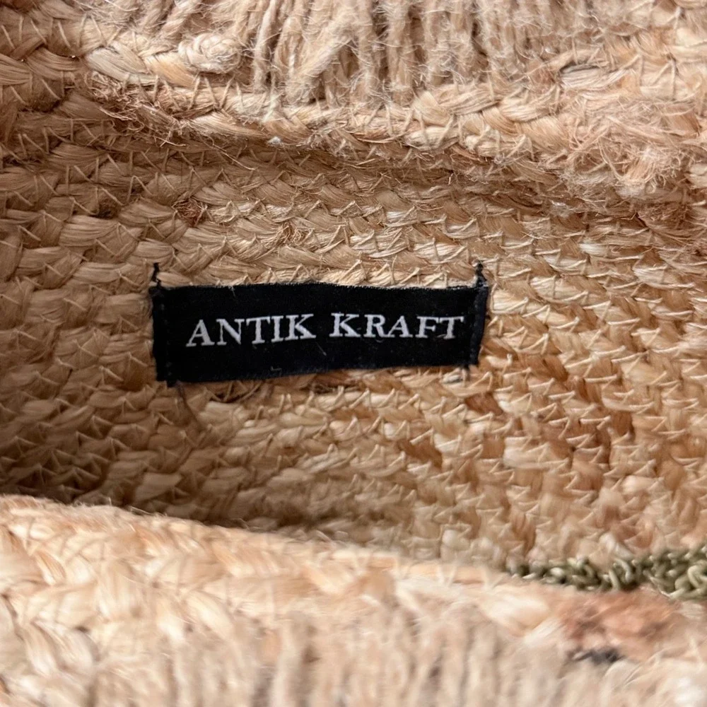 Antik Kraft Straw Handbag Womens OS Tan Black Mandala Wood Handle Chain Strap